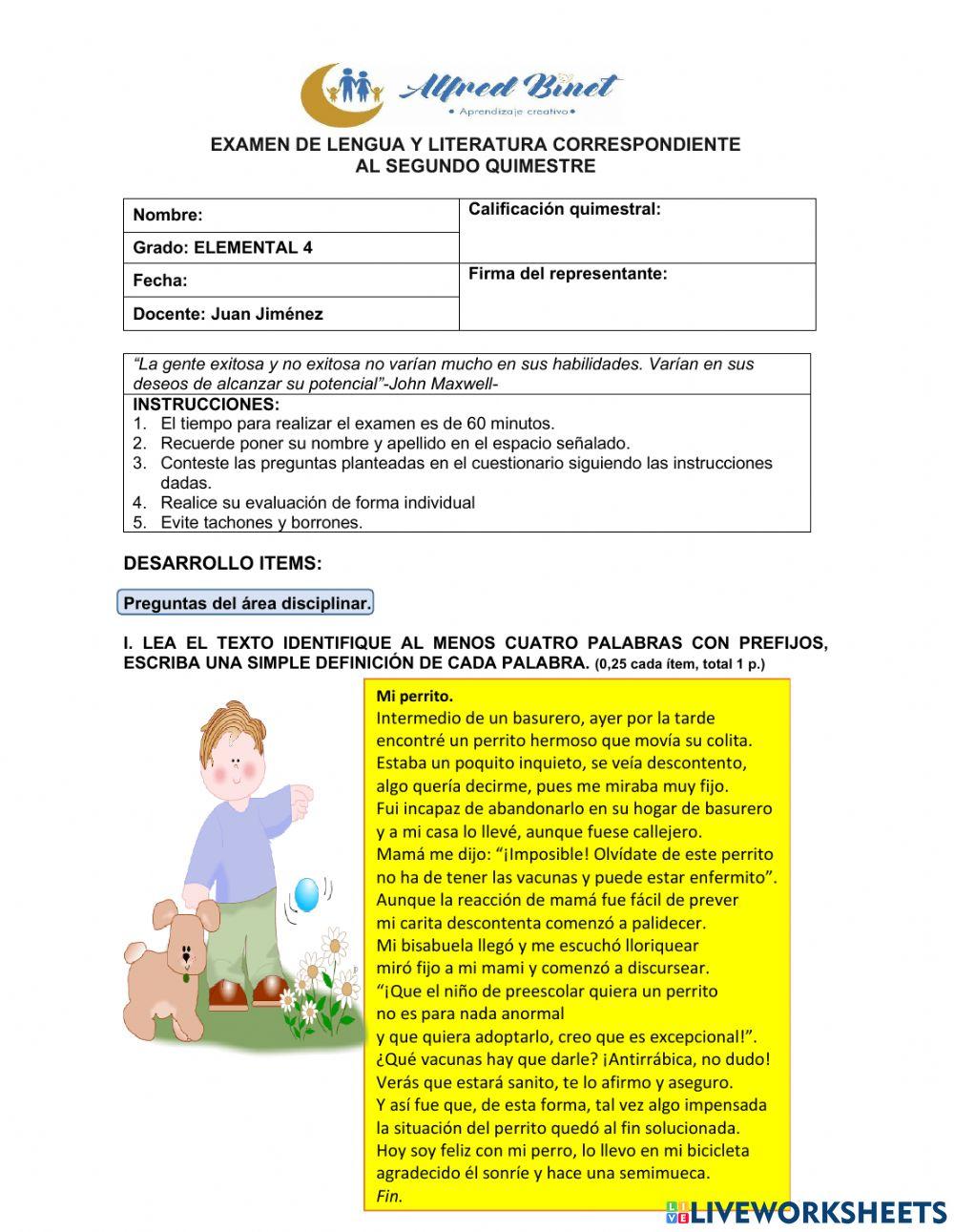 Examen Segundo Quimestre de Lengua y Literatura