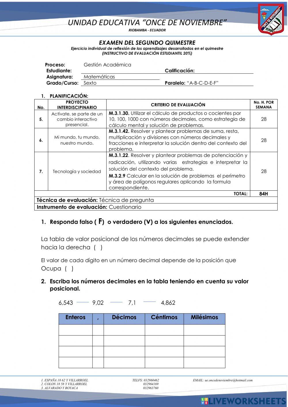 Examen de matemáticas