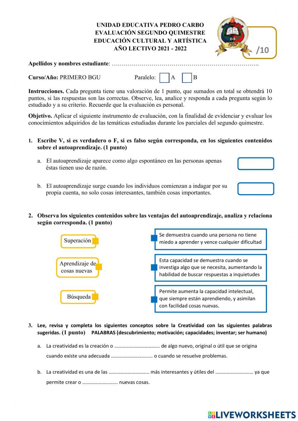 Evaluación Quimestral ECA 1ro BGU