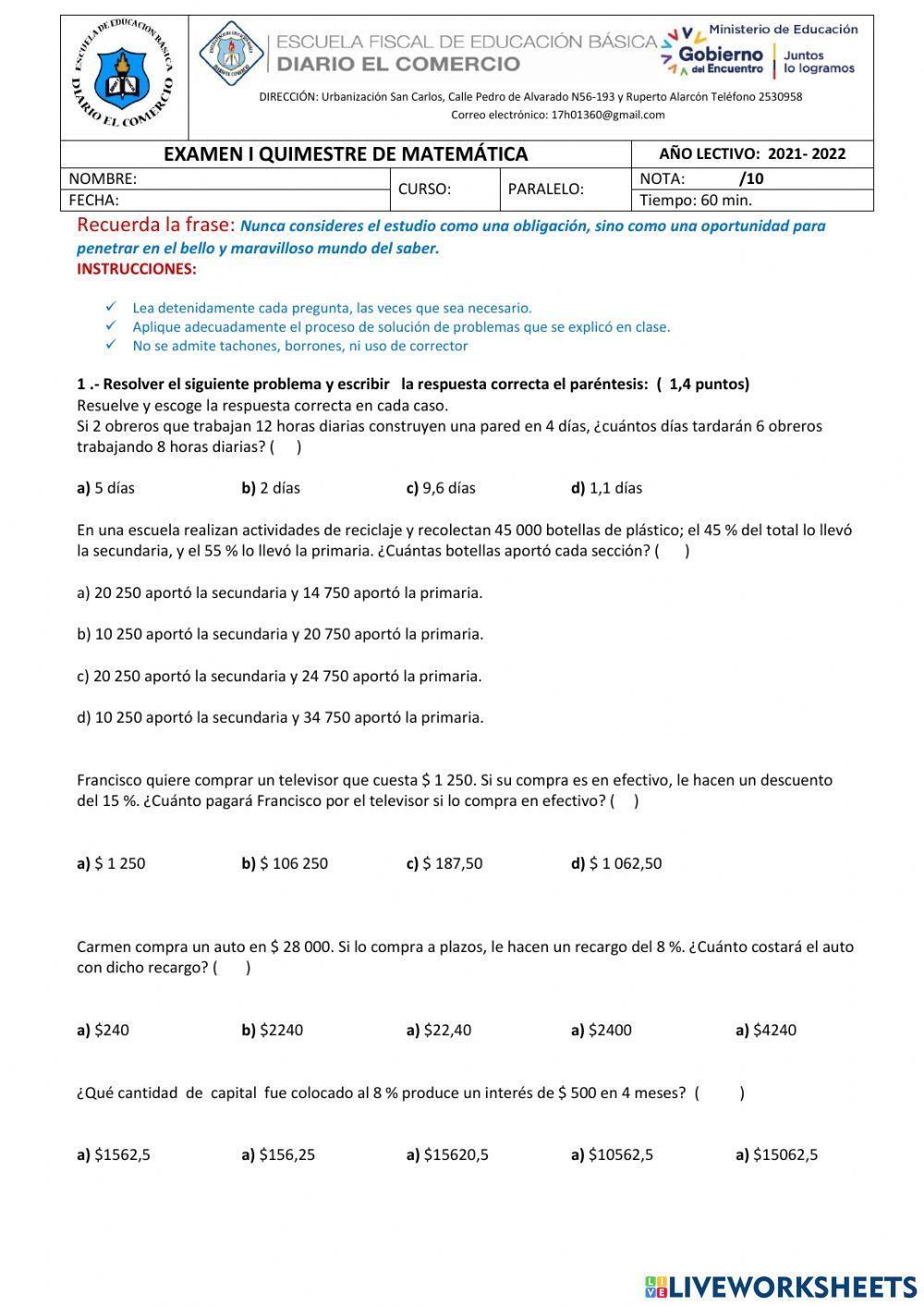 Examen matematica segundo quimestre