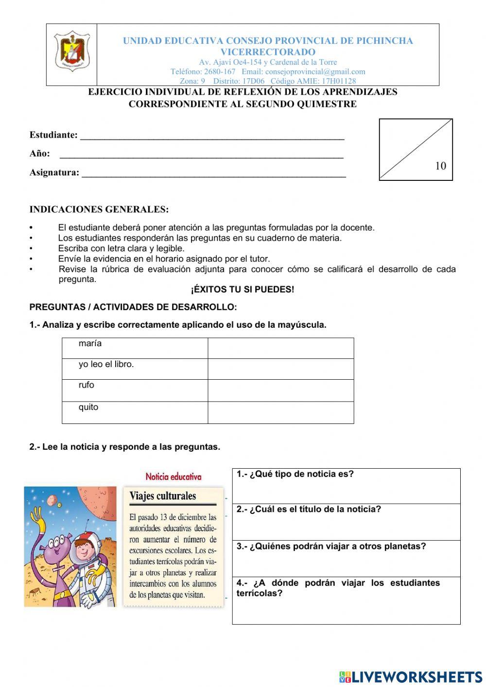 Prueba quimestral lenguaje