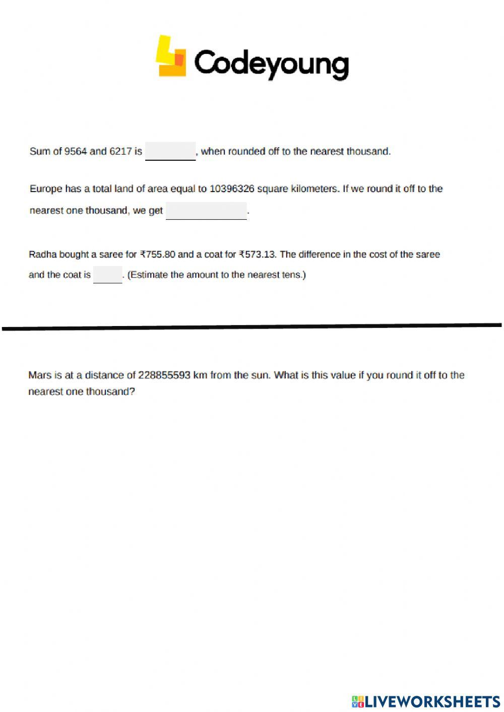 Estimation for 10-Digit Numbers Concept HW