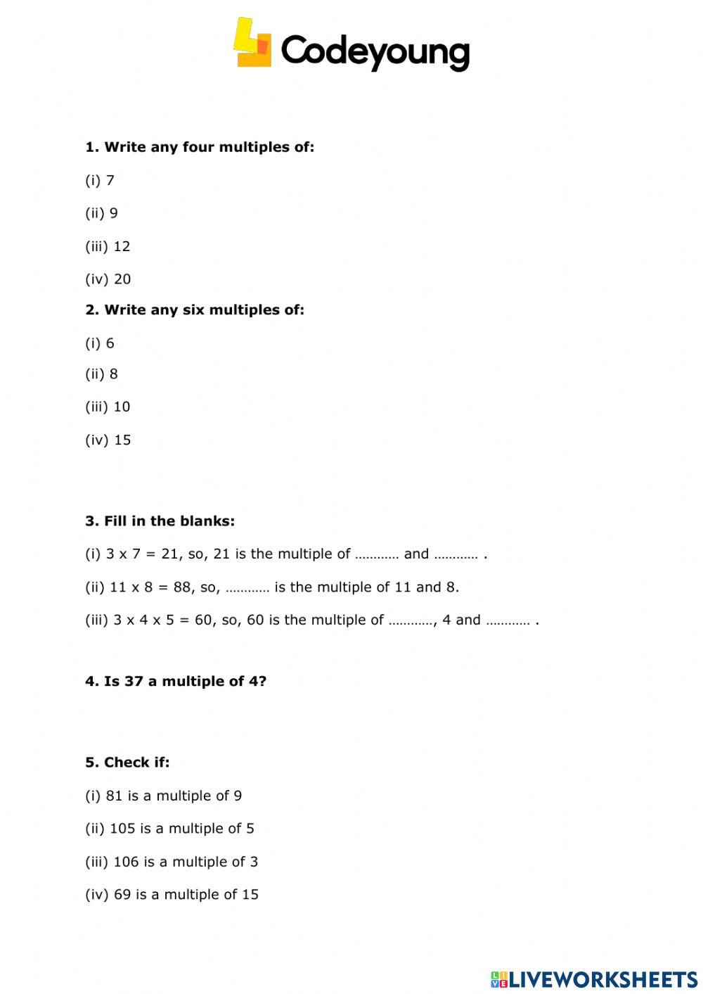 Factors and Multiples Concept CW