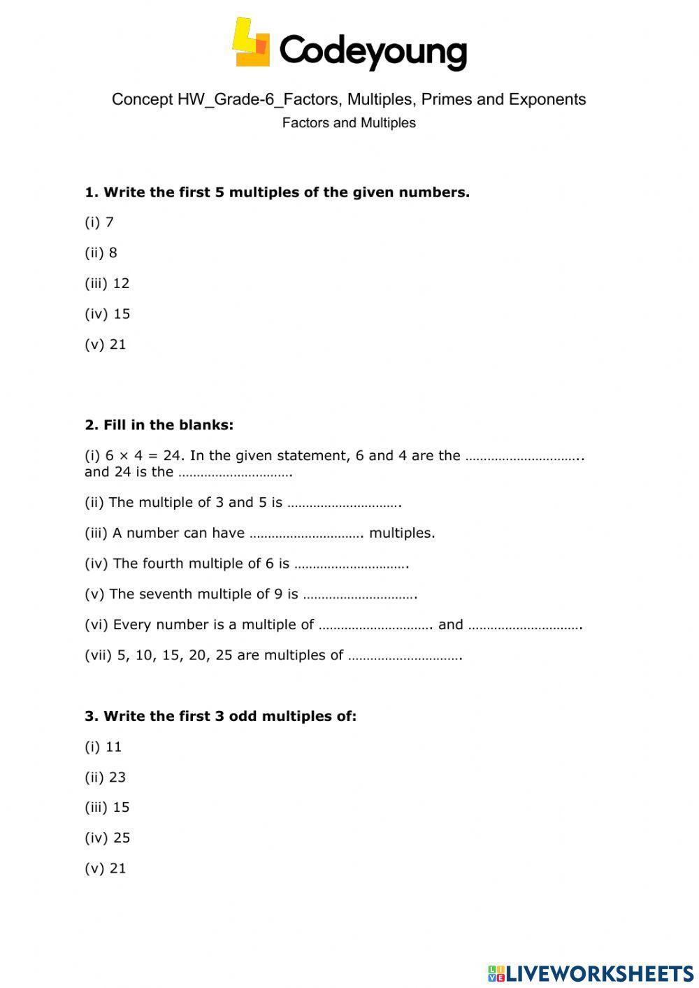 Factors and Multiples Concept HW