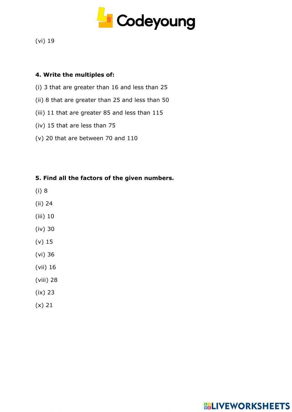 Factors and Multiples Concept HW