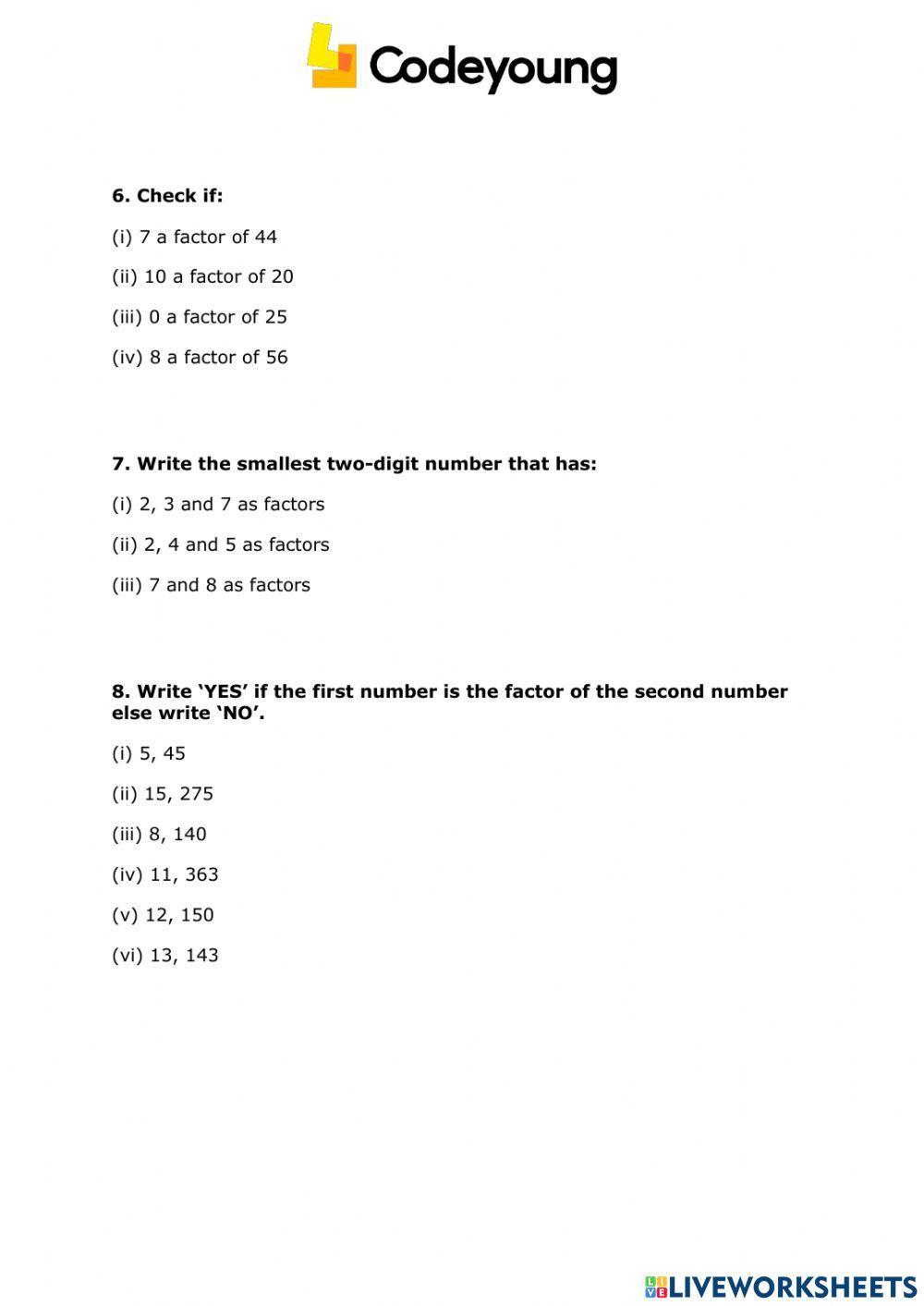Factors and Multiples Concept HW