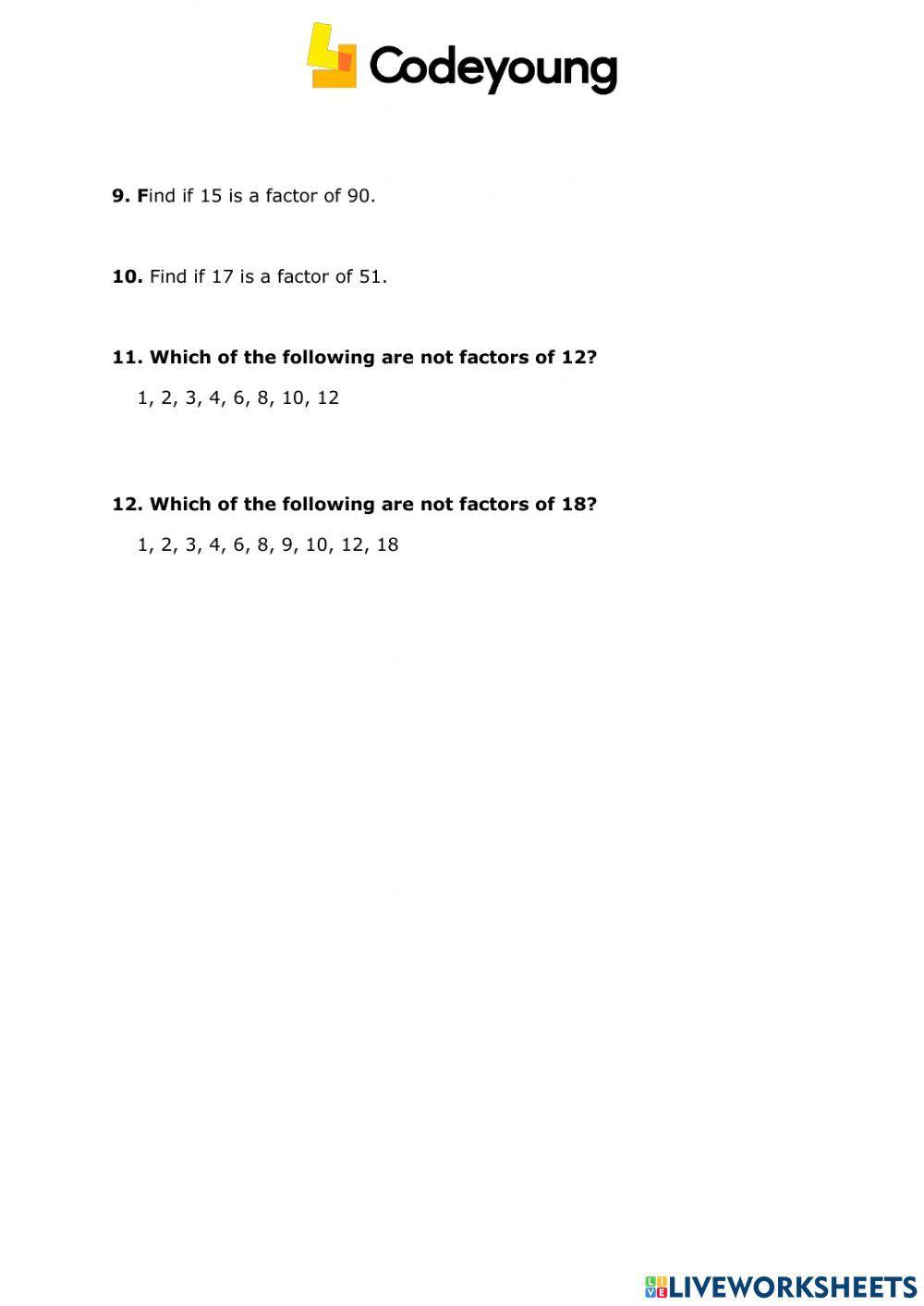 Factors and Multiples Concept HW