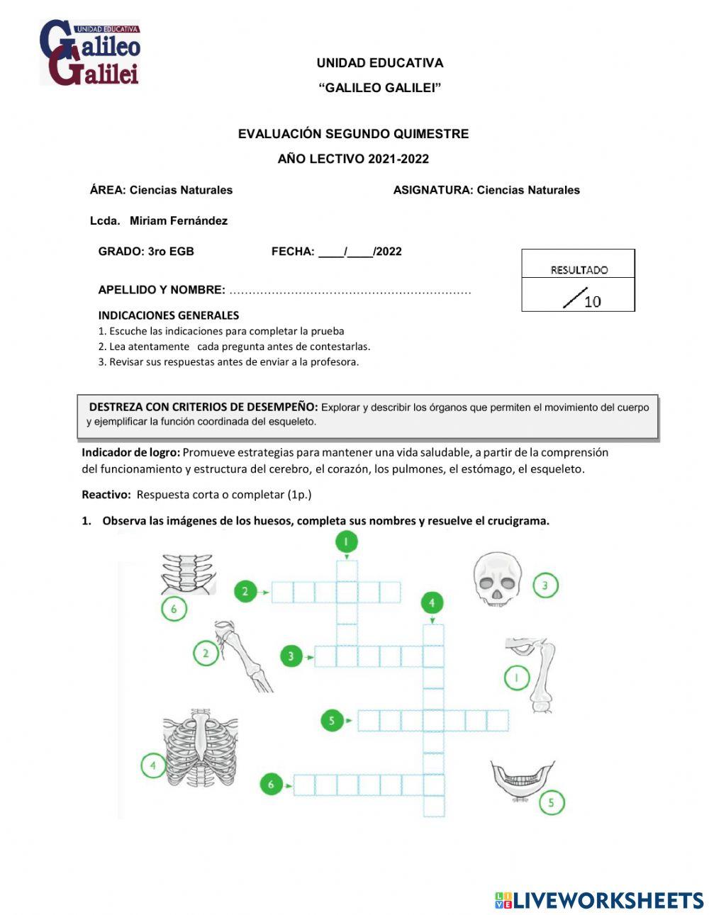 Evaluación Quimestral  Ciencias Naturales