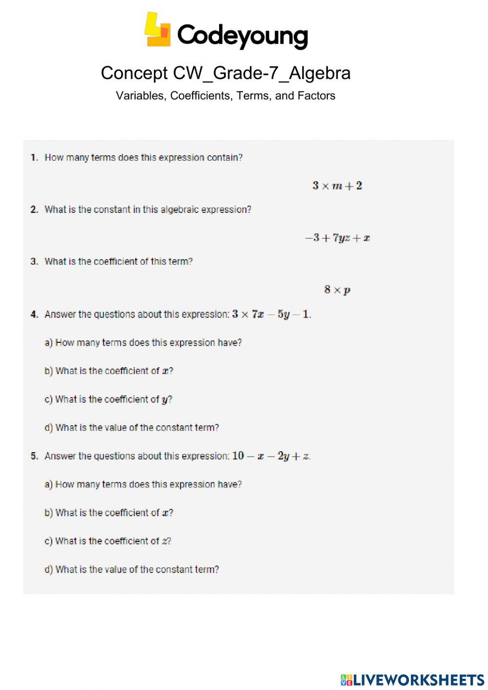 Variables, Coefficients, Terms, and Factors Concept Cw