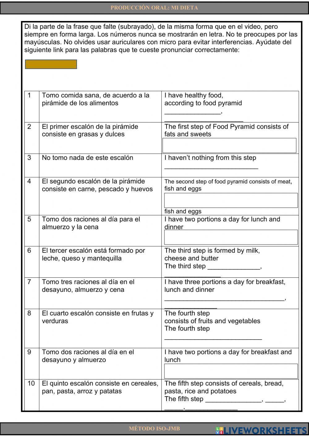 Speaking 10. Mi dieta