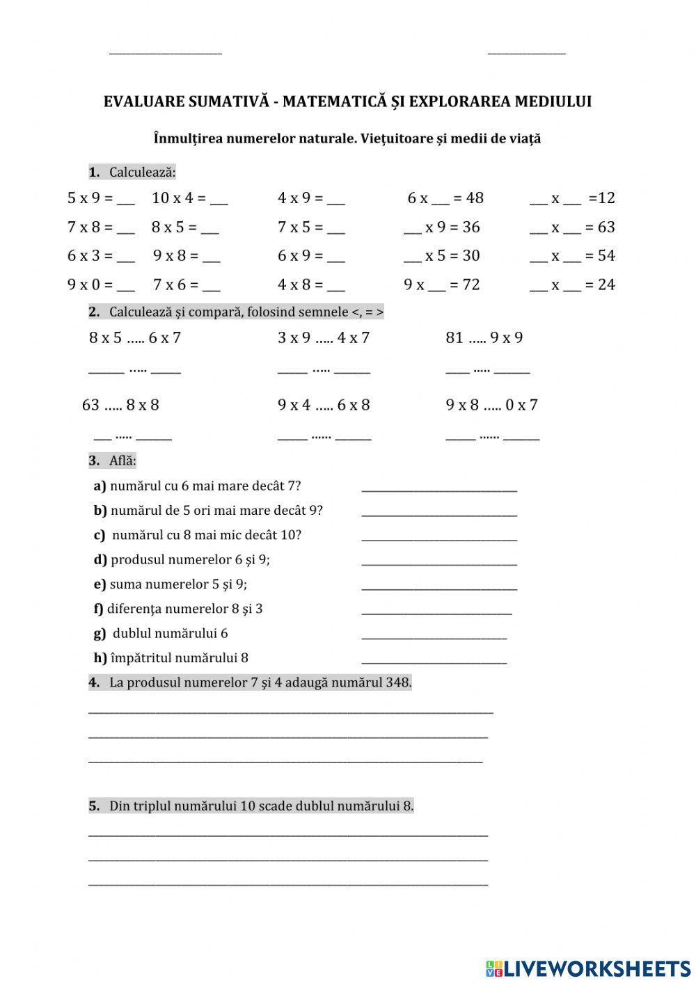 Înmulțirea numerelor 0-10. Viețuitoare și medii de viață