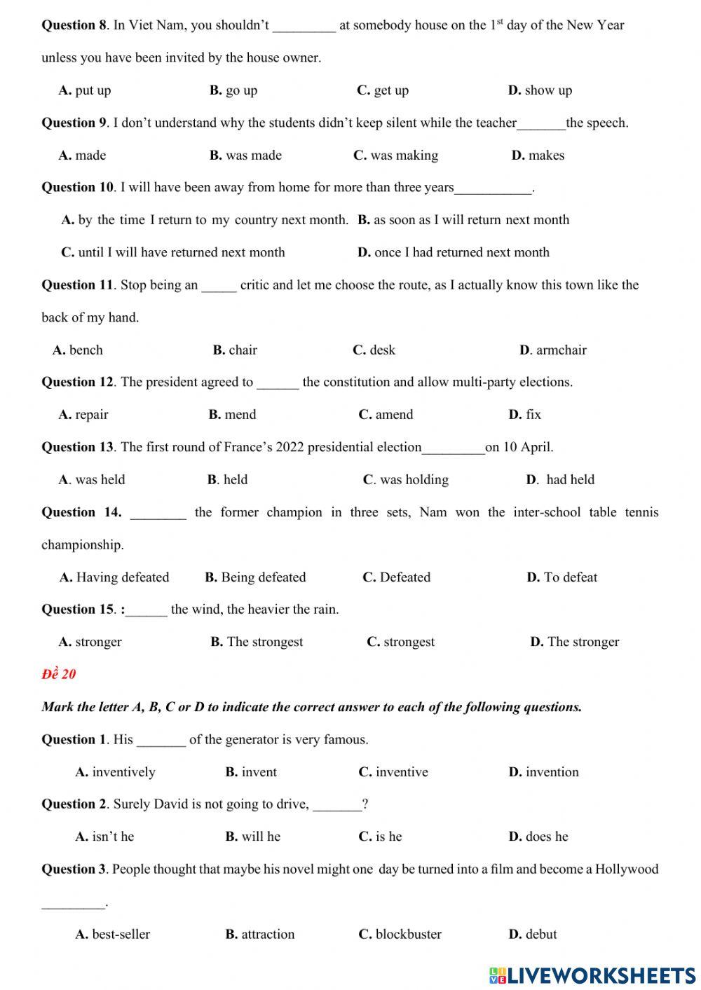 15 câu trắc nghiệm theo đề minh họa 2022