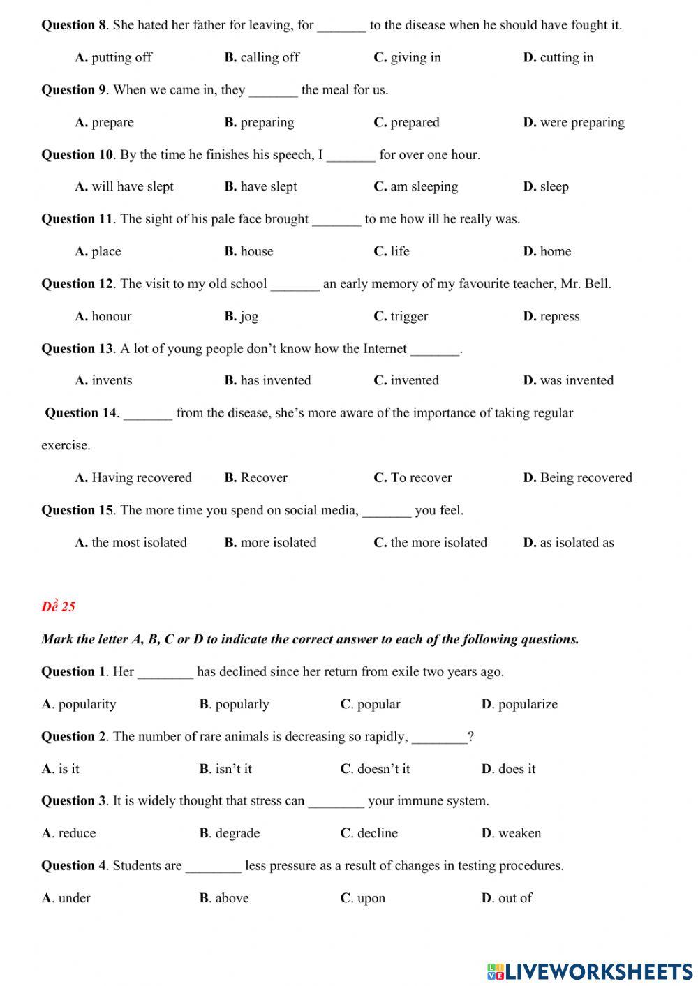 15 câu trắc nghiệm theo đề minh họa 2022