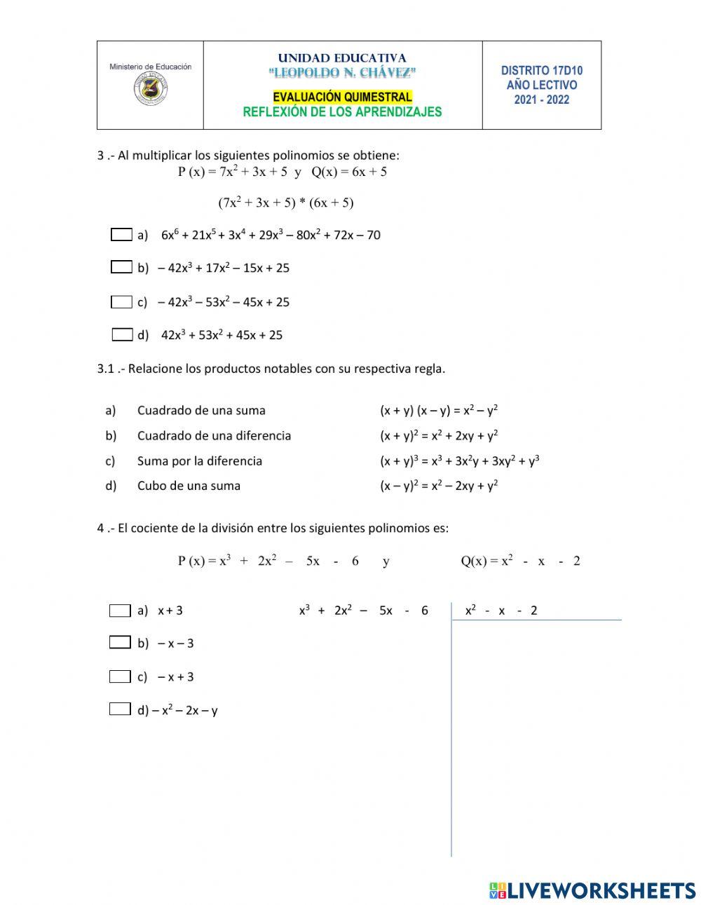 Examen 2do quimestre matemática