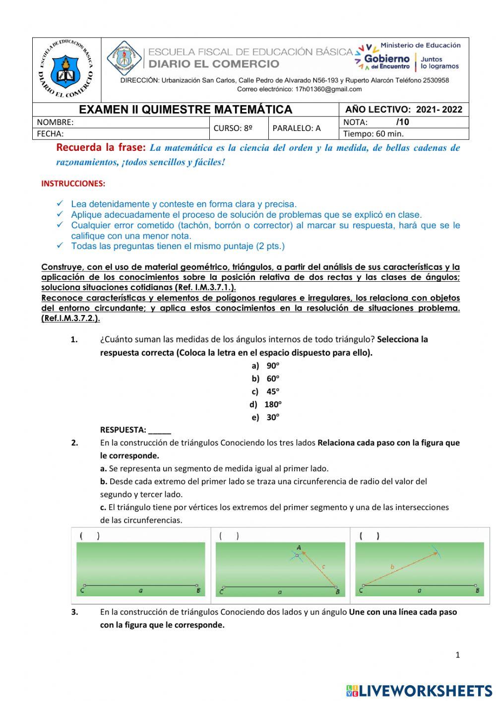 Examen sobre construcción de triángulos