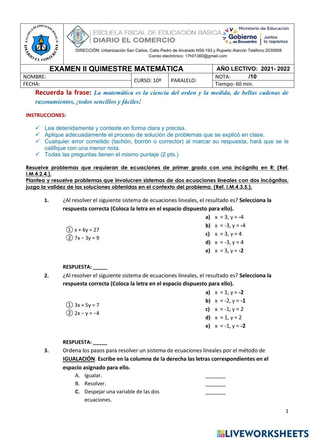 Examen sobre sistemas de ecuaciones