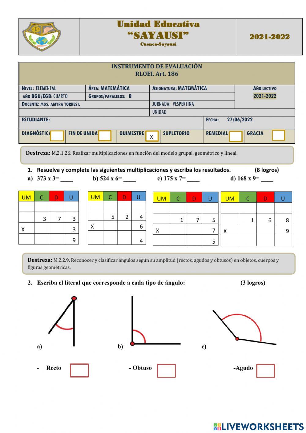 Evaluación de matemática