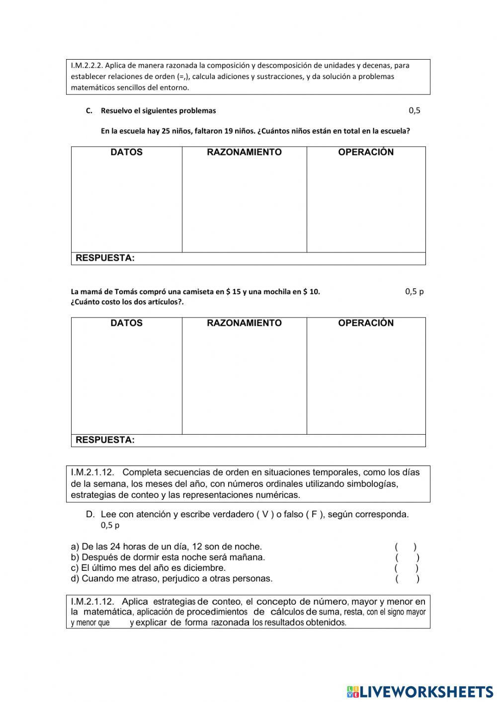 EVALUACIÓN DE MATEMÁTICAS