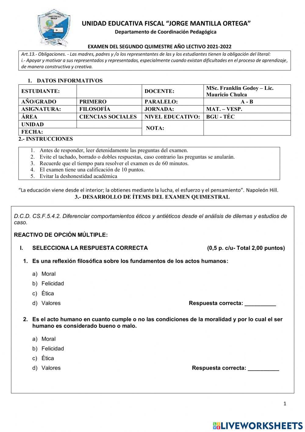 Examen filosofía primero