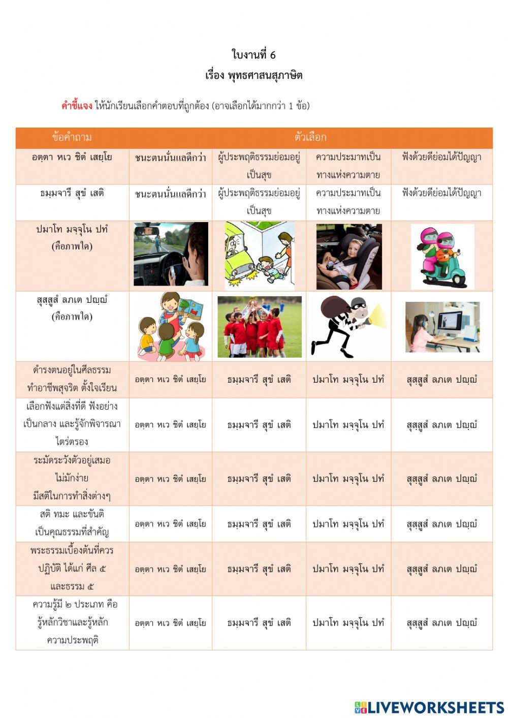 ใบงานที่ 6 พุทธศาสนสุภาษิต (ชุดที่ 1)