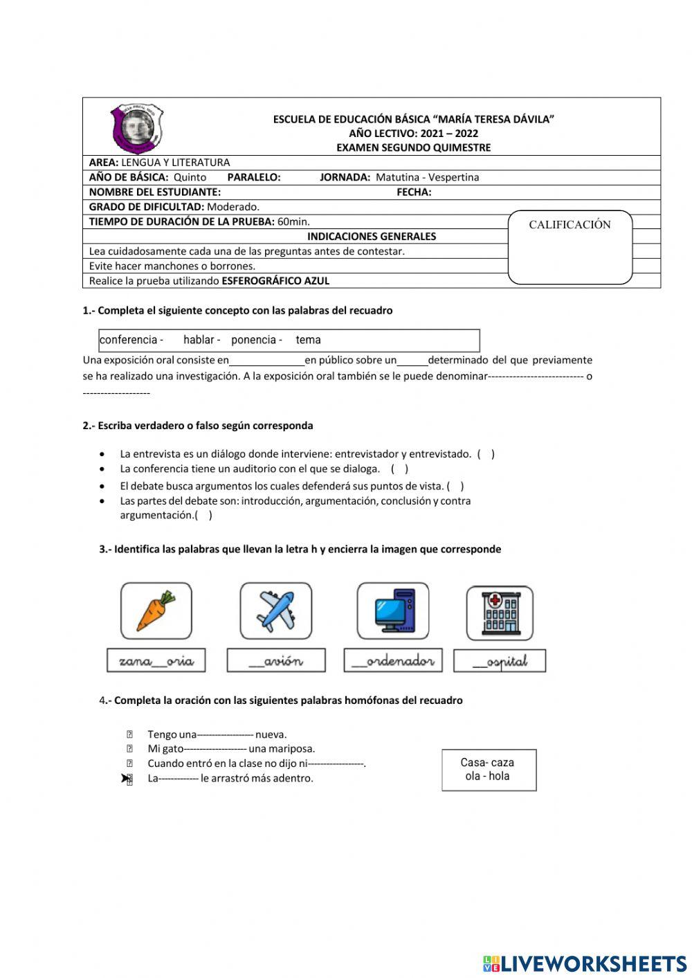 Evaluación de lengua y literatura para 5to EGB