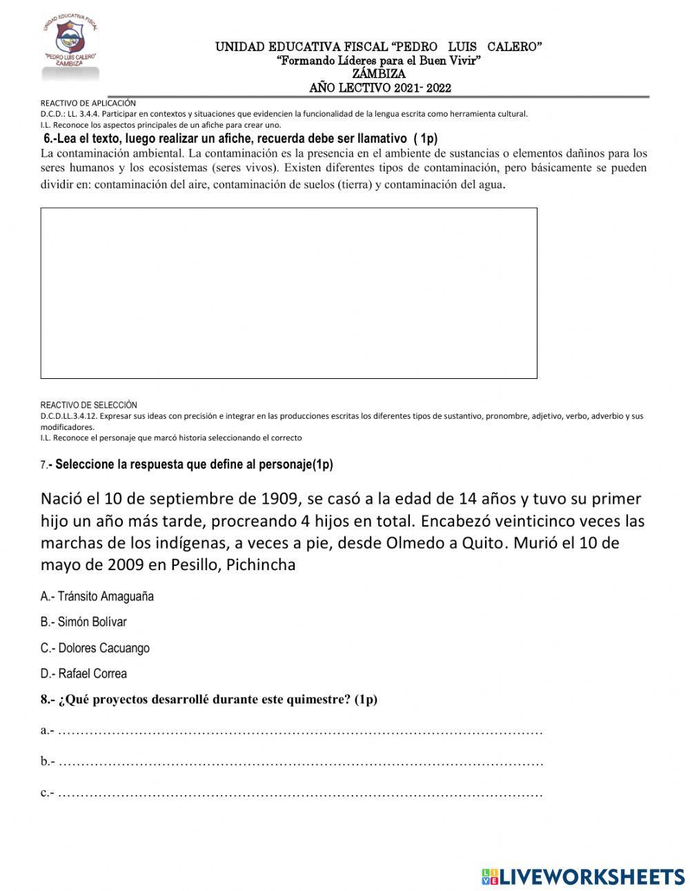 Evaluación de lengua 2Q