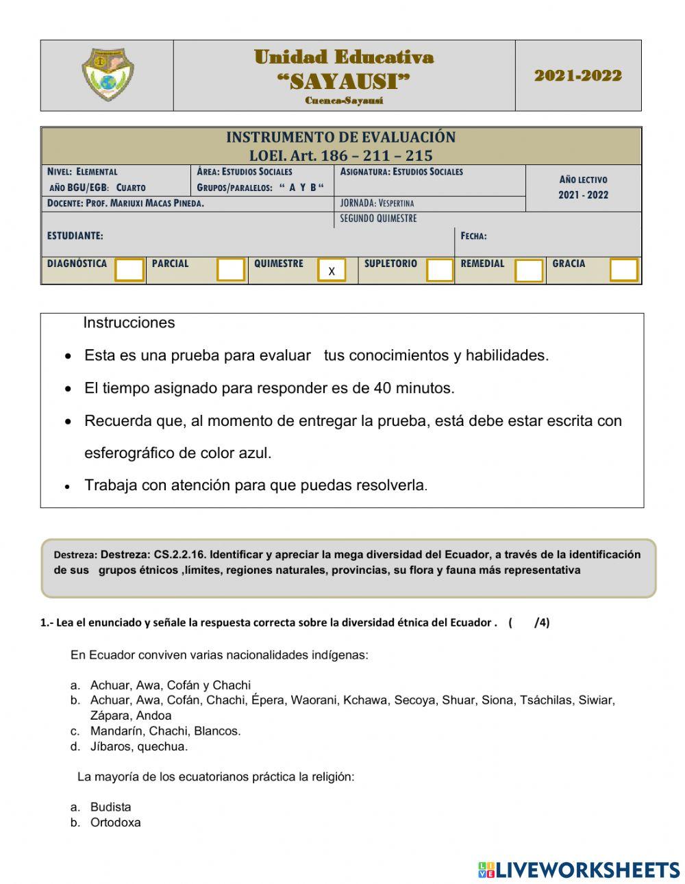 Examen quimestral estudios sociales