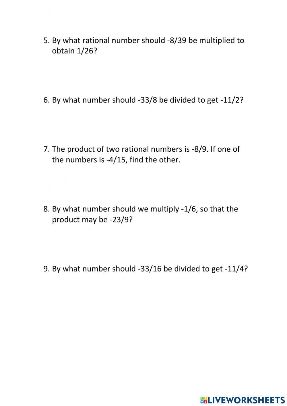 ApplicationCWG8Multiplication and Division of Rational Numbers worksheet Live Worksheets