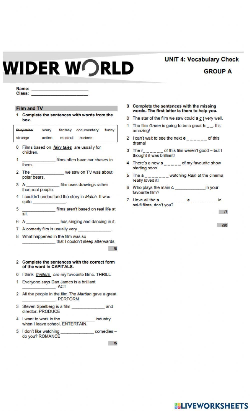 Wider World 3 Unit 4 Vocabulary films and TV