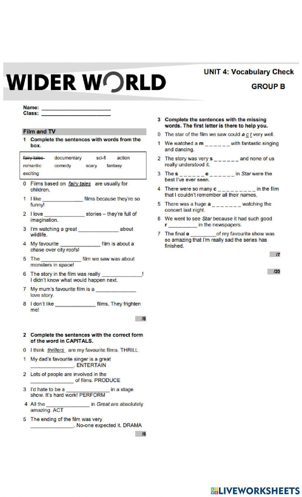 Wider World 3 Unit 4 Vocabulary films and TV