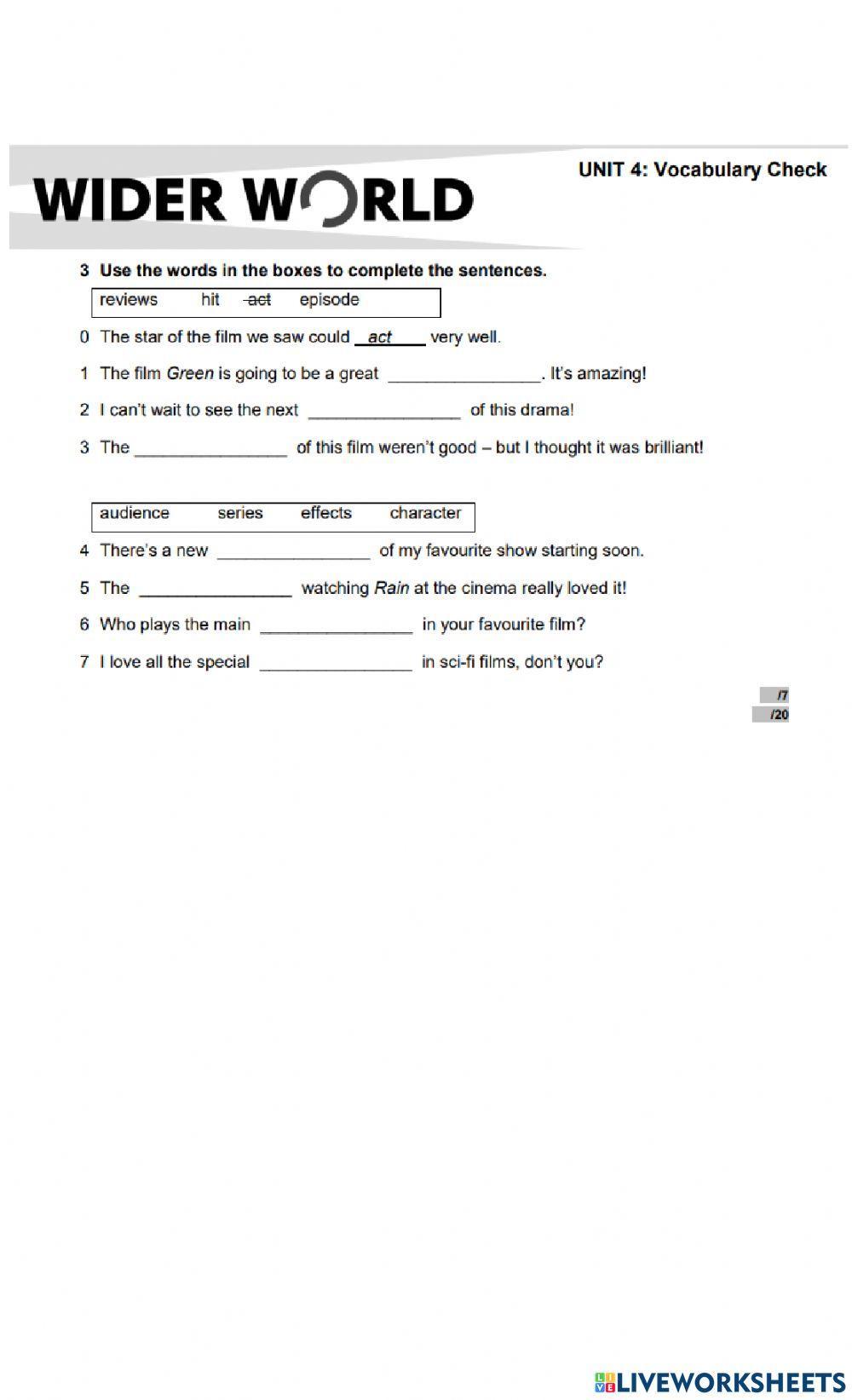 Wider World 3 Unit 4 Vocabulary films and TV