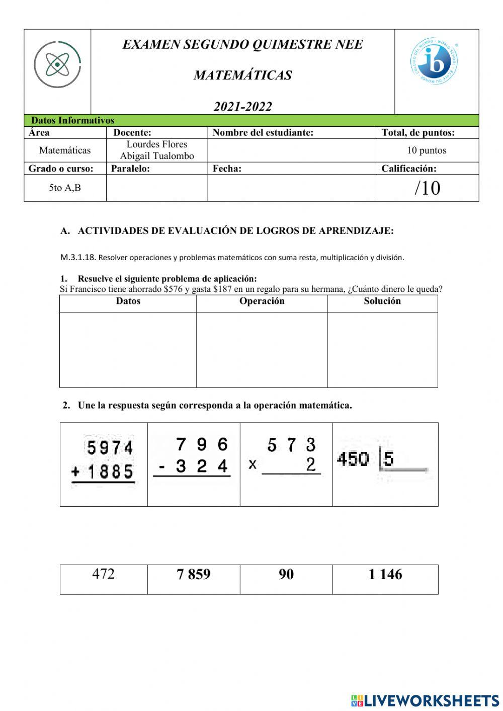 Examen de matemáticas
