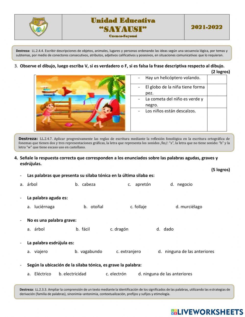 Examen quimestral lengua y literatura