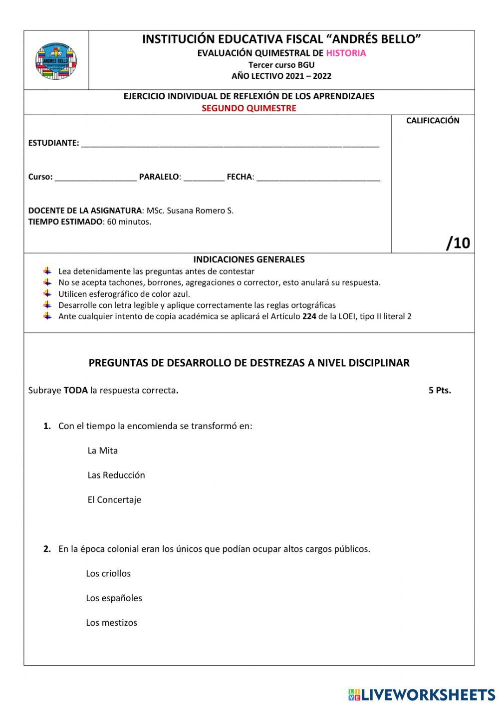 Examen Historia 3er curso BGU II Quimestre