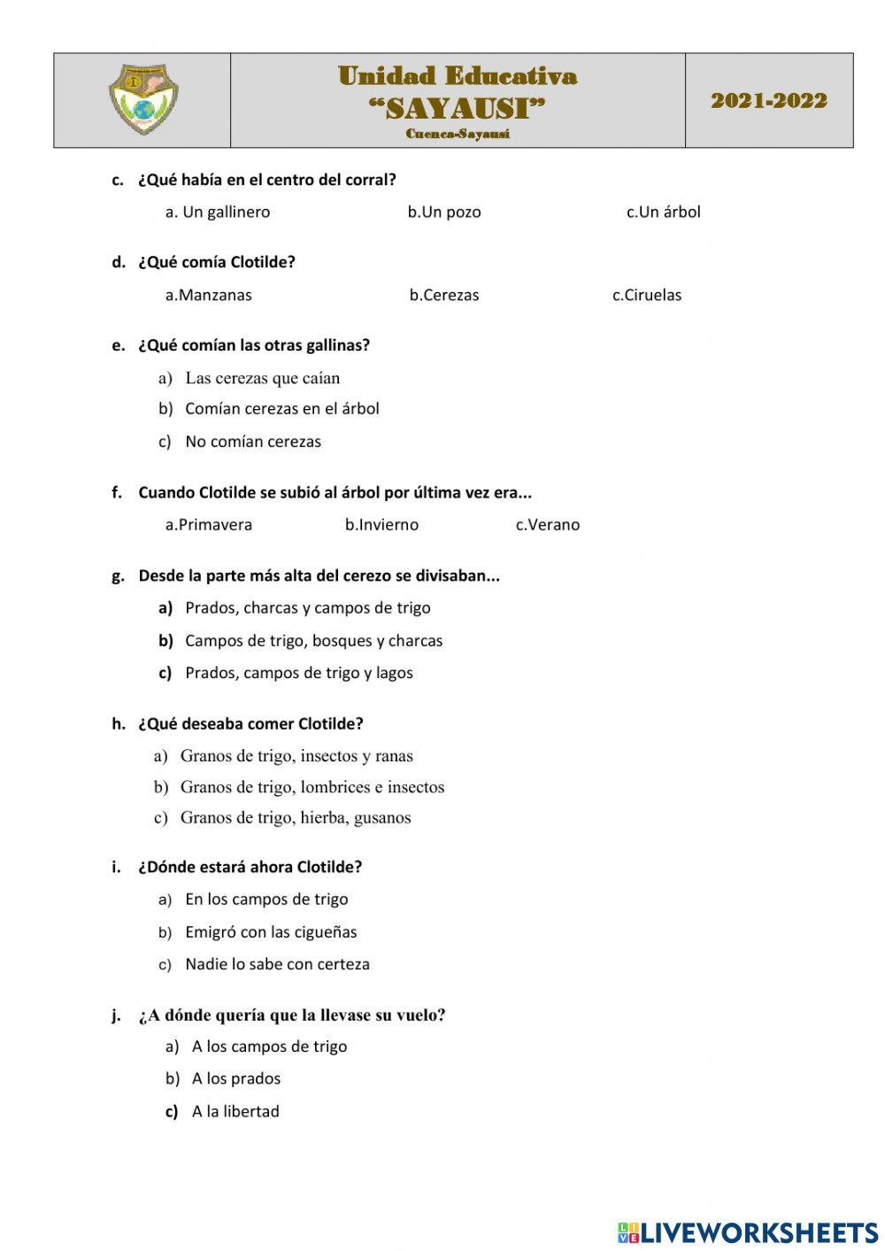 Examen segundo quimestre COMPRENSION LECTORA