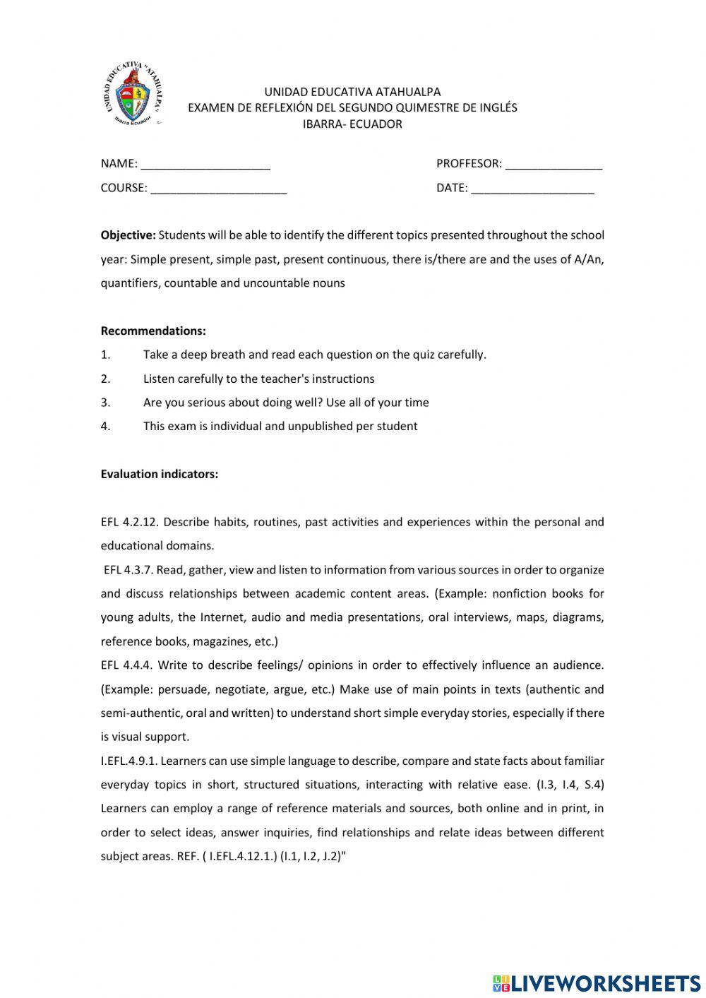 Examen de reflexión segundo quimestre inglés