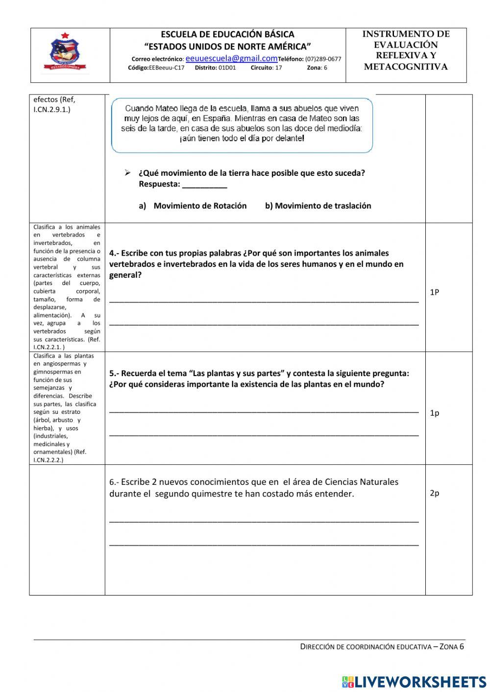 Evaluación quimestral Ciencias Naturales