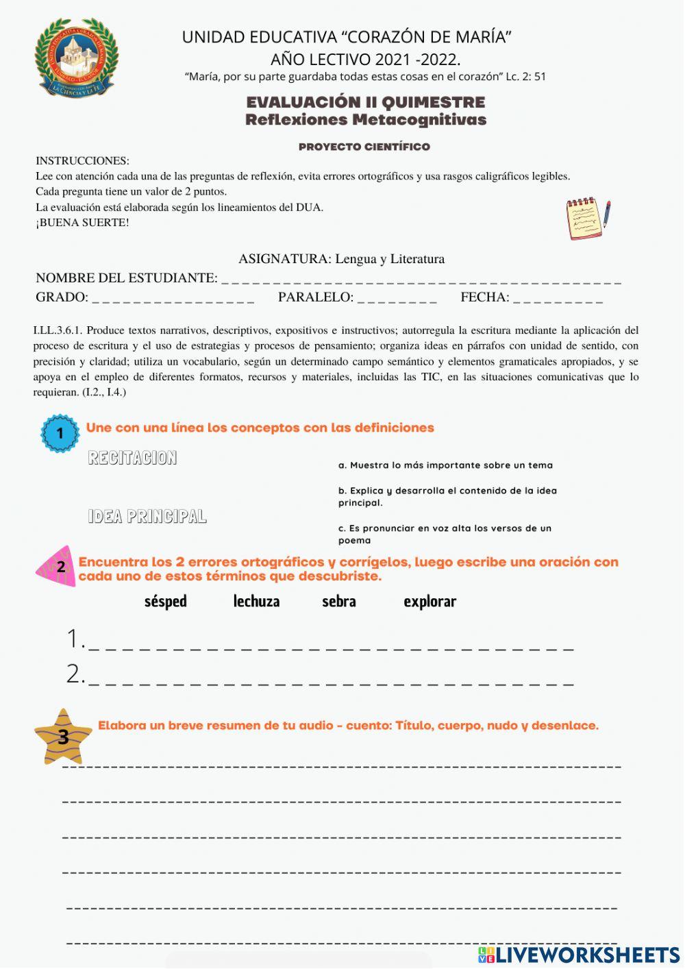 Evaluación Quimestral Lengua y Literatura