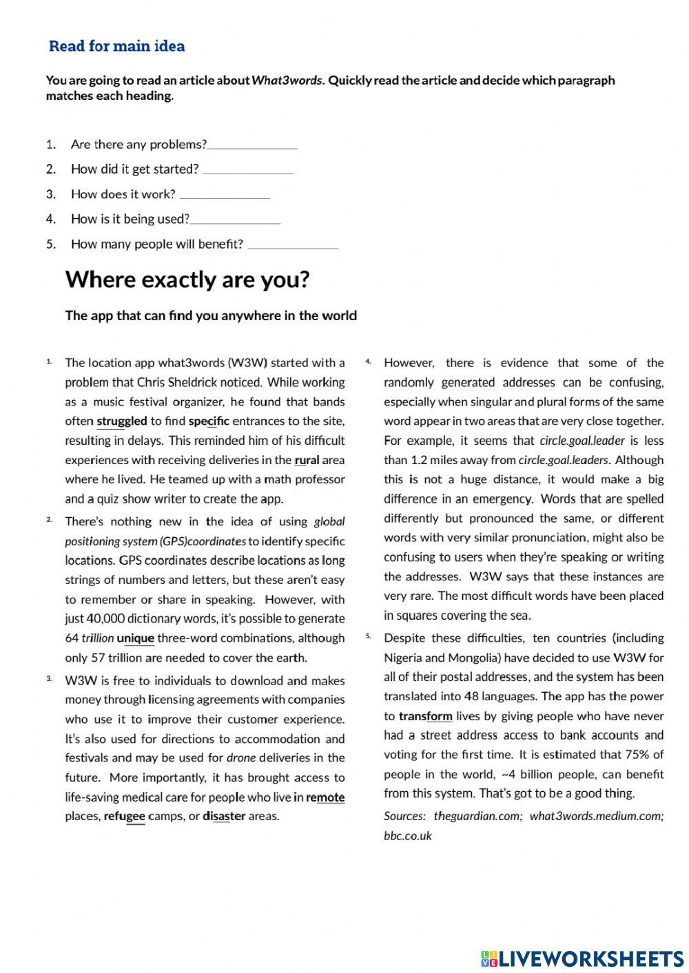 What3words app online exercise for live worksheets