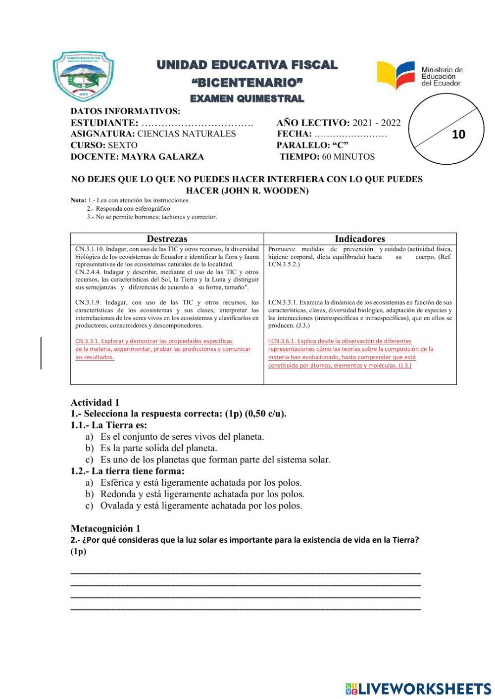 Examen de ciencias naturales