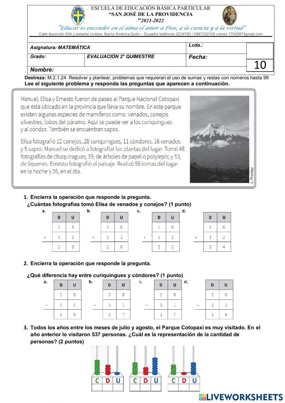 Examen quimestral del matematica