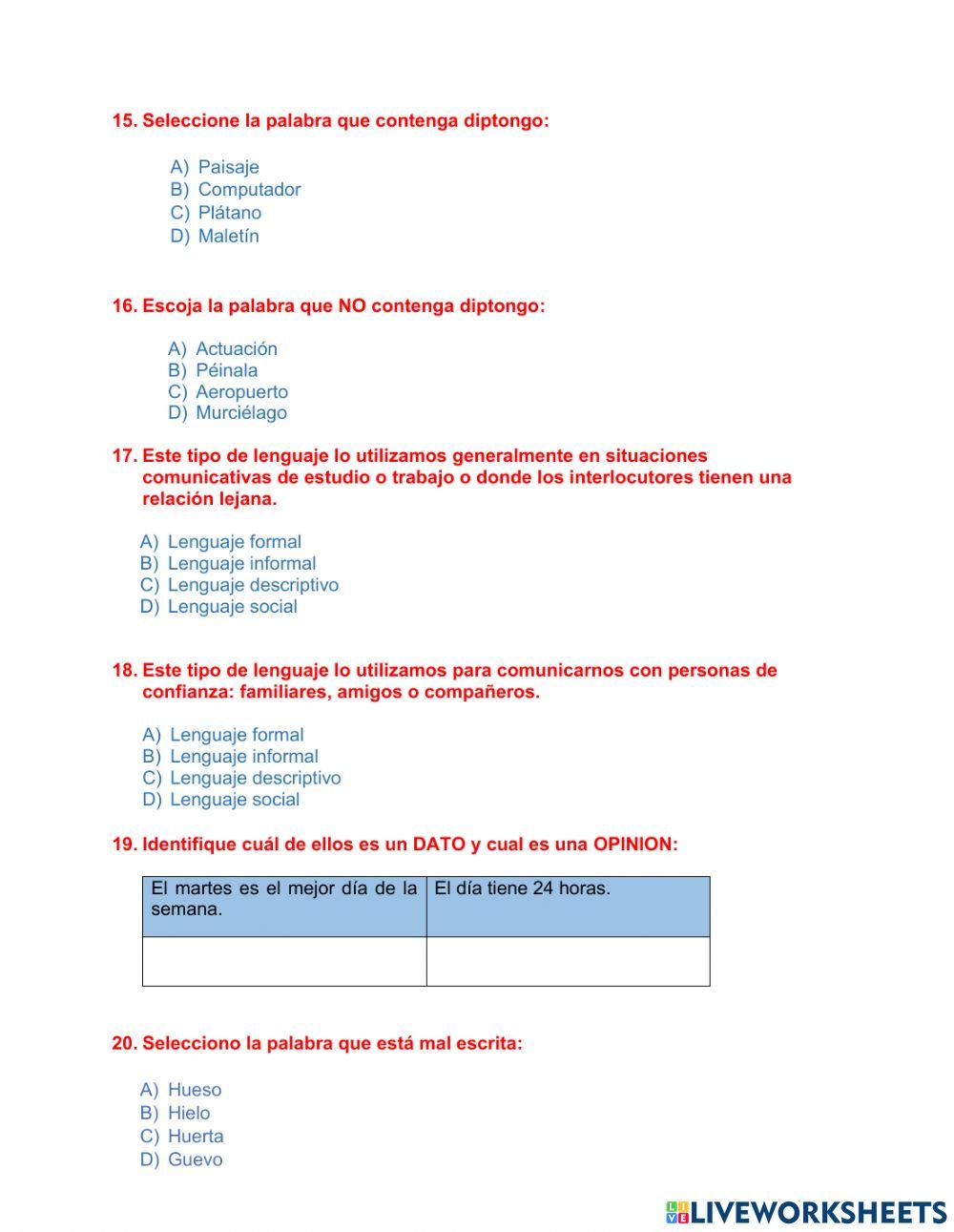 Evaluación cuarto de basica segundo quimestre