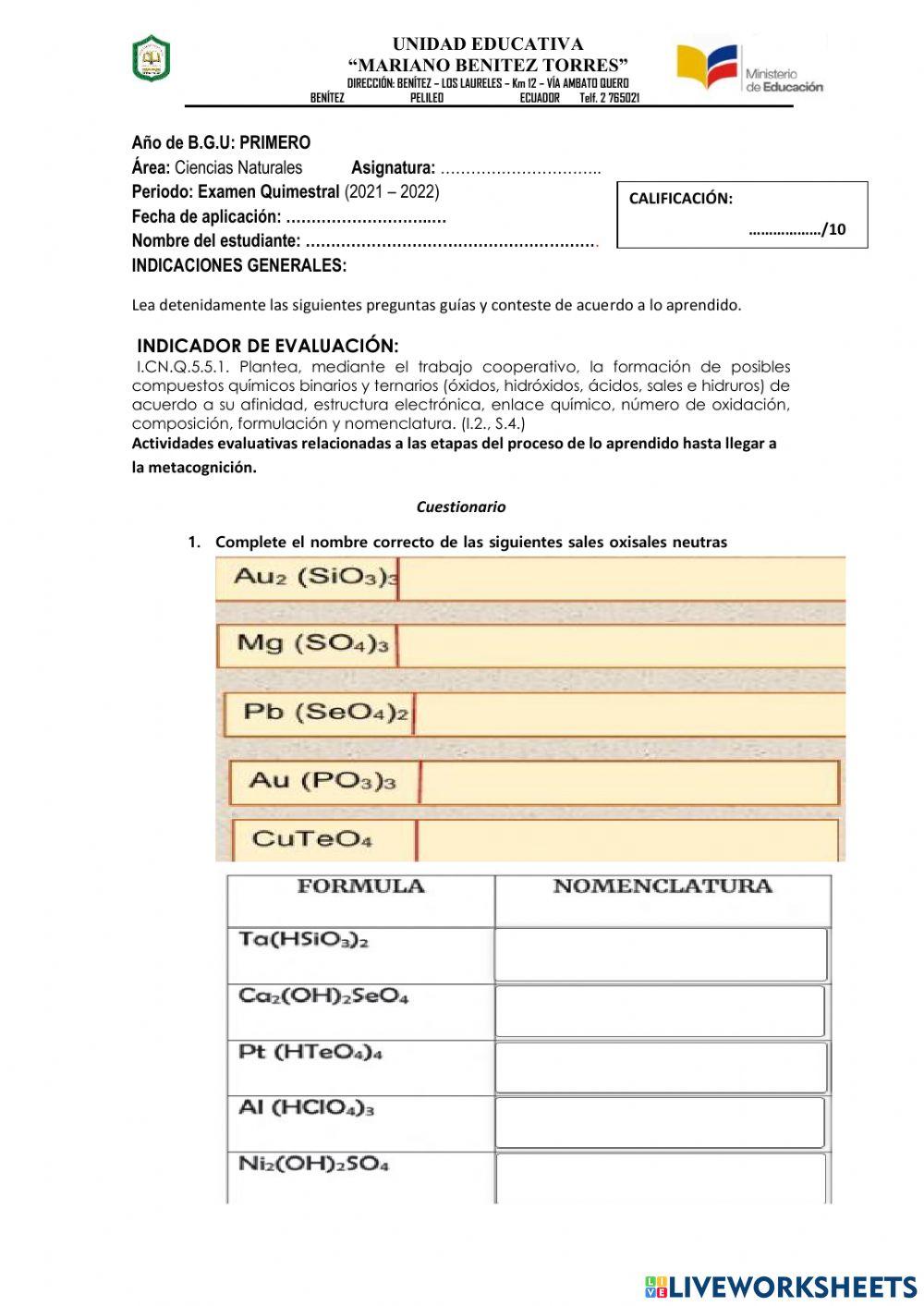 Examen de Quimica I BGU