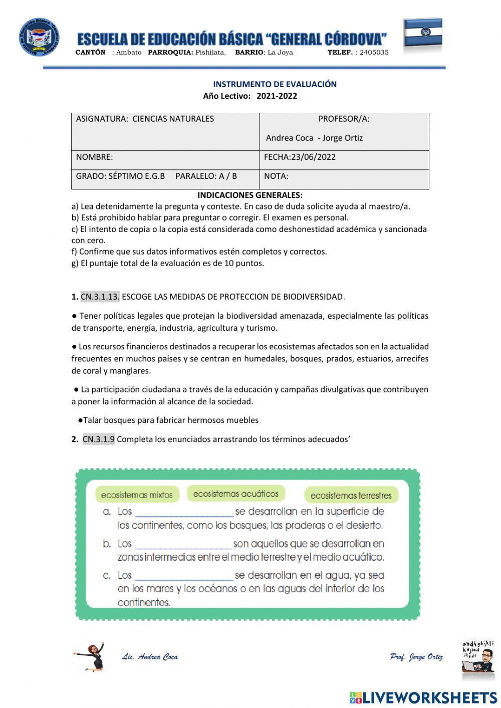 Evaluación segundo quimestre Ciencias Naturales