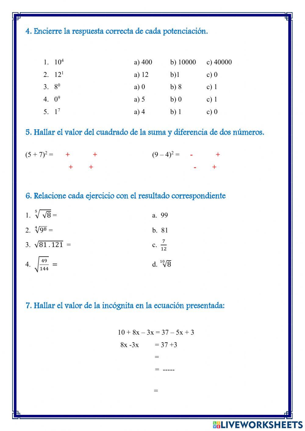 Examen matemática 7mo