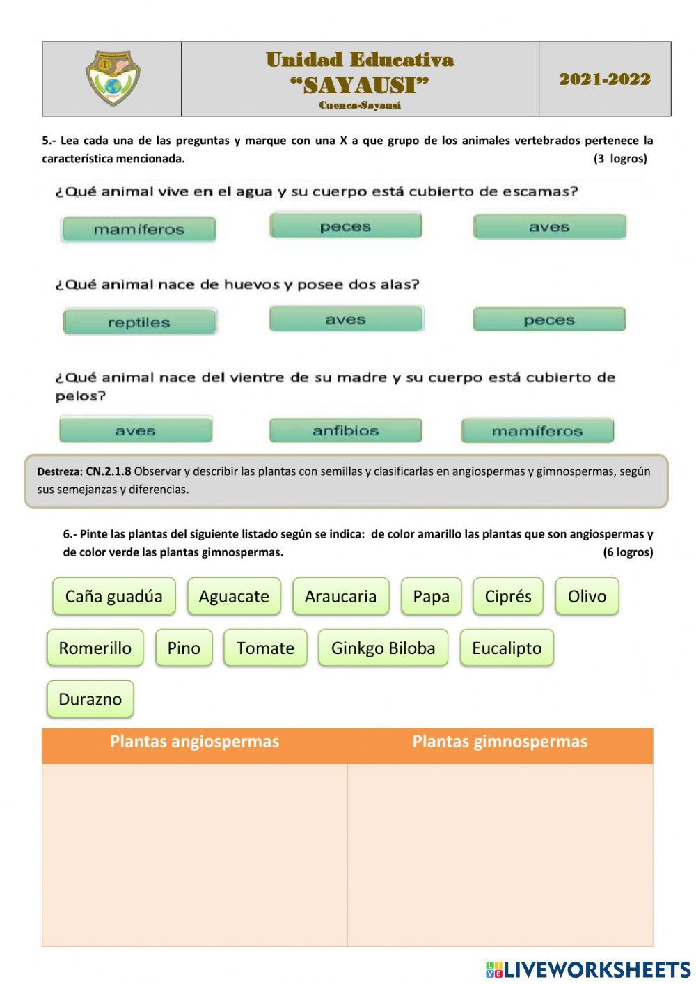 Examen quimestral de ciencias naturales