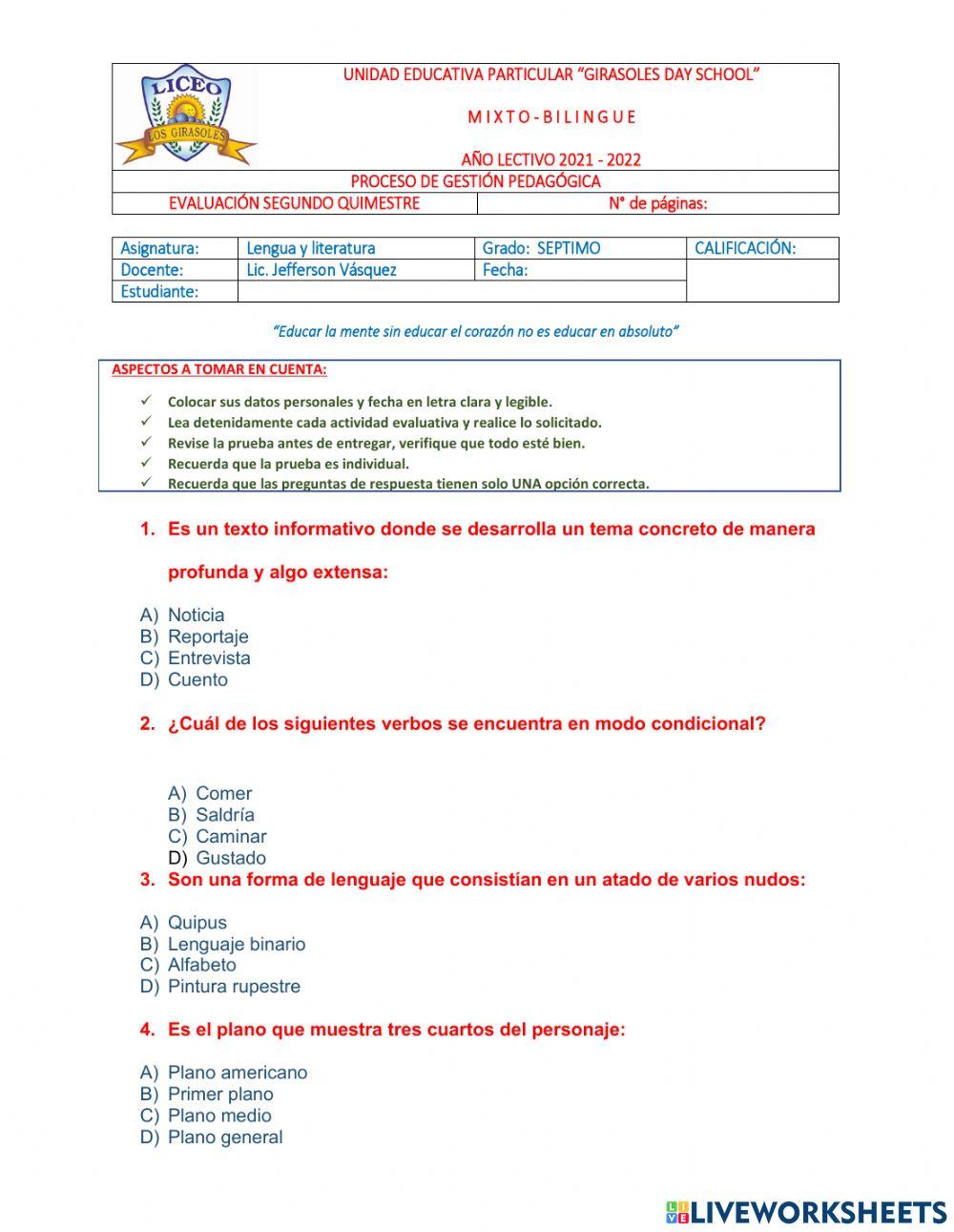 Evaluacion segundo quimestre séptimo