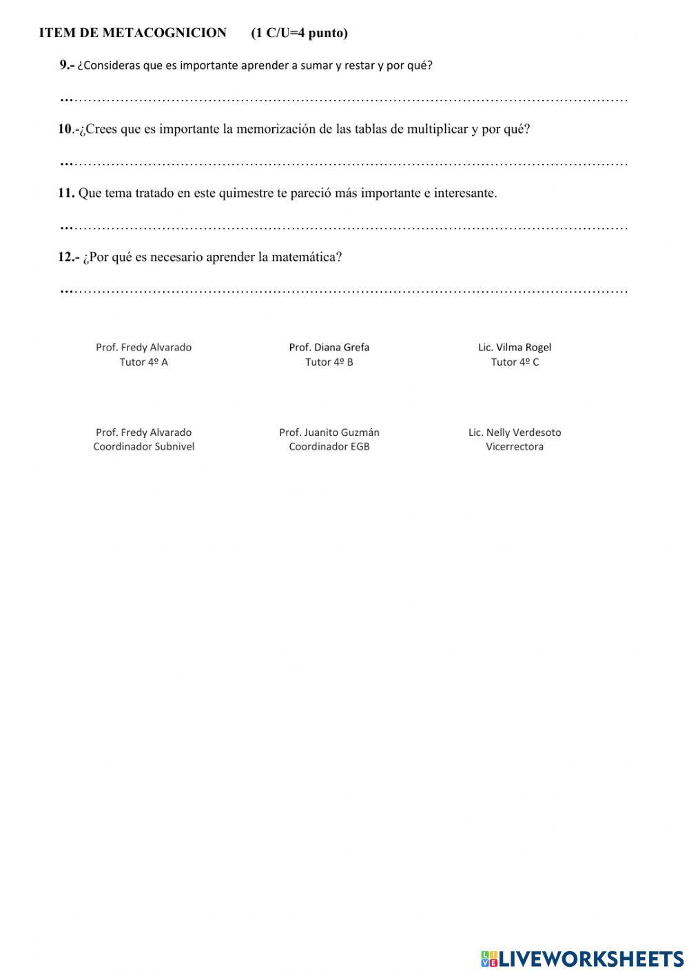 MATEMATICA  Evaluación metacognición IIQ