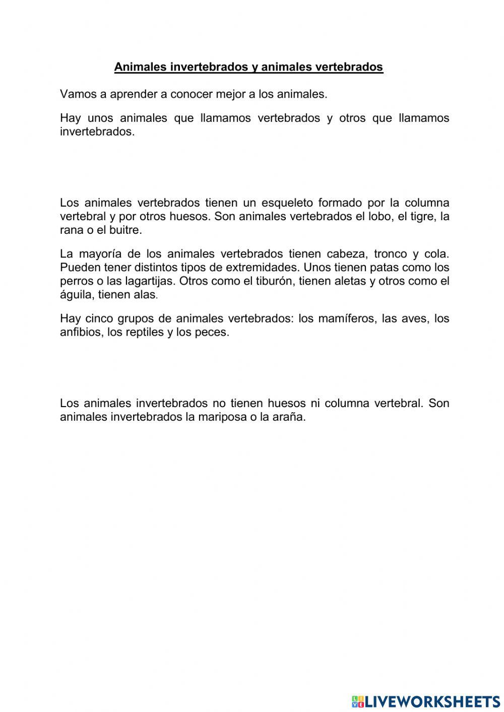 Animales vertebrados e invertebrados