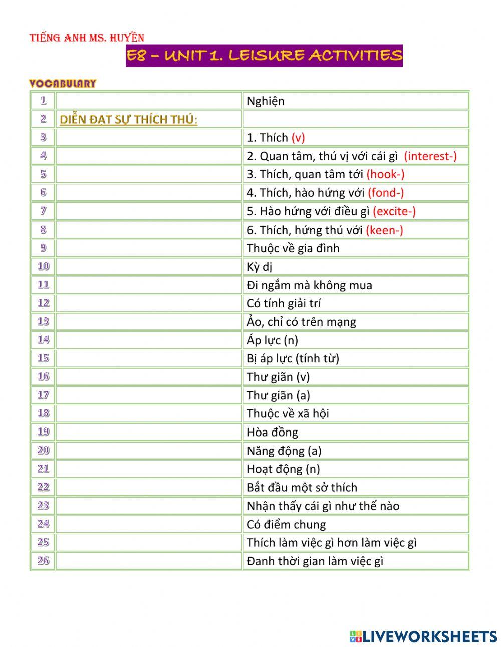 E8 - unit1. leisure c-activities